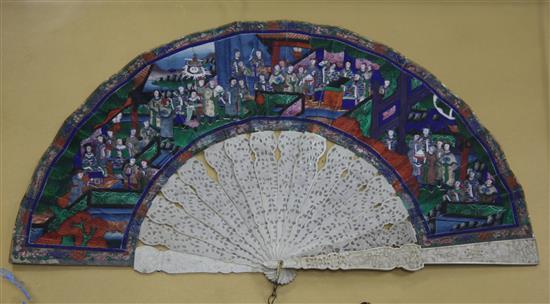 A Chinese export ivory and applique work paper leaf fan, c.1860, length 27.5cm, perspex case